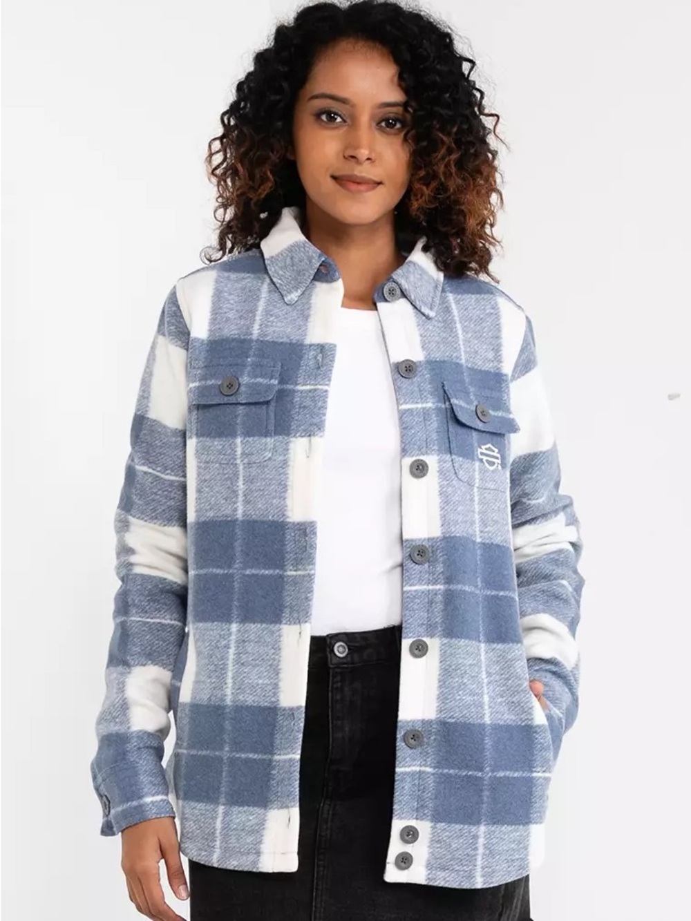 Harley-Davidson Onward Blue White Plaid Flannel Utility Shirt Jacket | Size XL